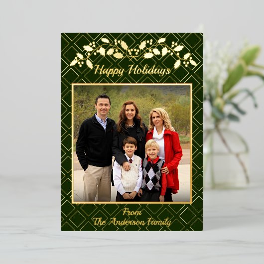 prettige feestdagen familie foto naam groen goud (Staand Voorkant)