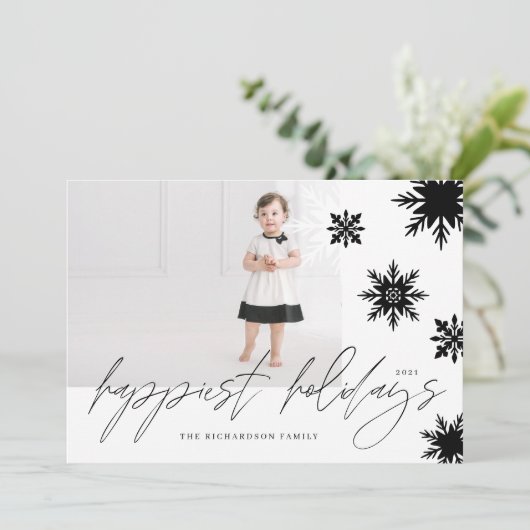 prettige feestdagen familie met zwarte en witte sn feestdagenkaart (Staand voorkant)