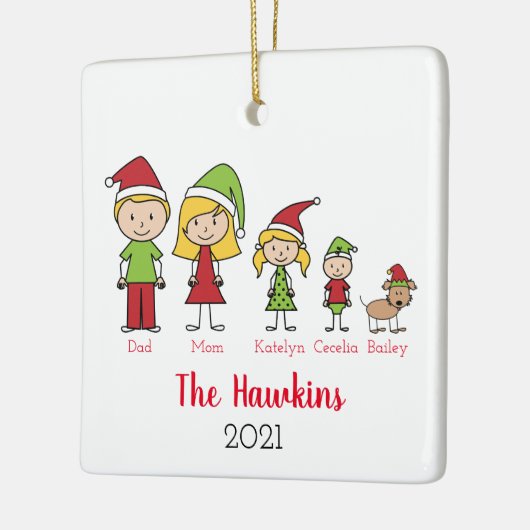 prettige feestdagen familie van 4 met feestkerst keramisch ornament (Links)