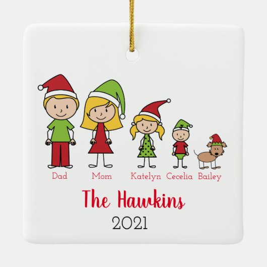 prettige feestdagen familie van 4 met feestkerst keramisch ornament (Achterkant)