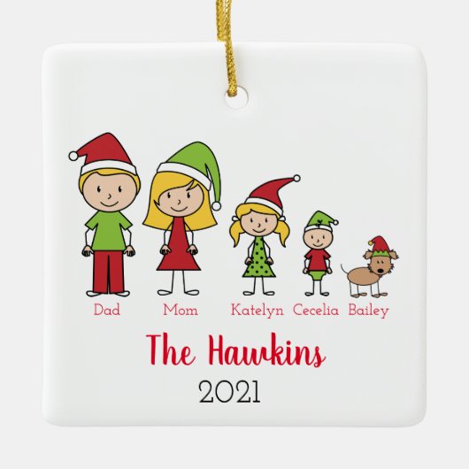 prettige feestdagen familie van 4 met feestkerst keramisch ornament (Voorkant)