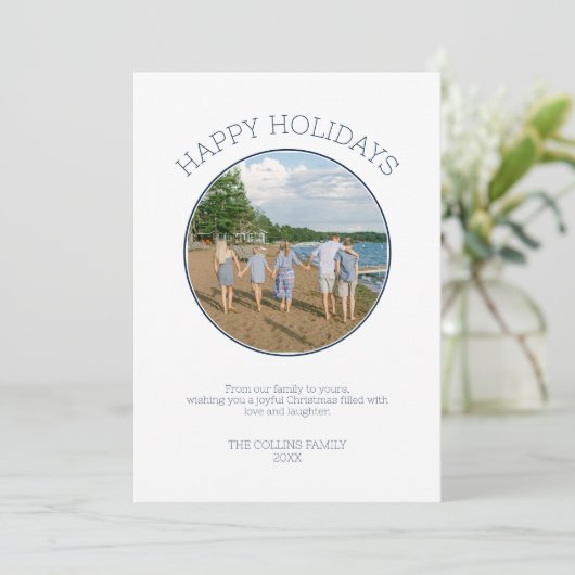 Prettige feestdagen Familiefoto Modern Blue Christ Feestdagenkaart (Staand voorkant)