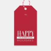 Prettige feestdagen & familienaam feestelijk rood cadeaulabel (Voorkant)