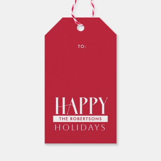 Prettige feestdagen & familienaam feestelijk rood cadeaulabel (Voorkant)