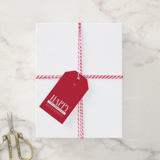 Prettige feestdagen & familienaam feestelijk rood cadeaulabel (Met Touw)