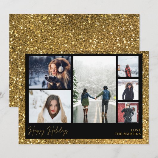prettige feestdagen Faux Gold Glitter Multi Photo (Voorkant / Achterkant)