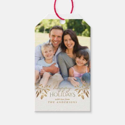 Prettige feestdagen Faux Gouden Folie Holly Foto L Cadeaulabel (Voorkant)