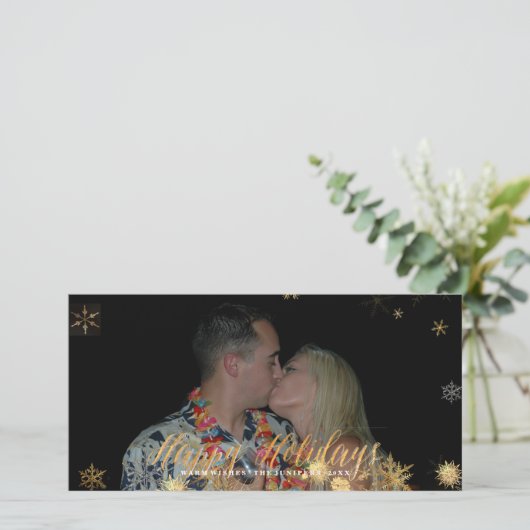 Prettige feestdagen Faux Roos Goud + Sneeuwvlokken Feestdagenkaart (Staand voorkant)