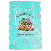 prettige feestdagen, feestelijke eigenaar met snee medium cadeauzakje (Voorkant)