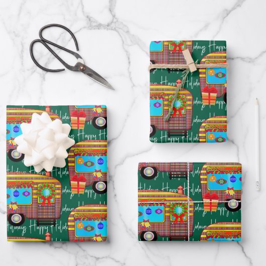 Prettige feestdagen Feestelijke Retro Camper Inpakpapier Vel (Voorkant)