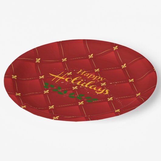 prettige feestdagen, feestrood en goud, papieren bordje (Gekanteld)