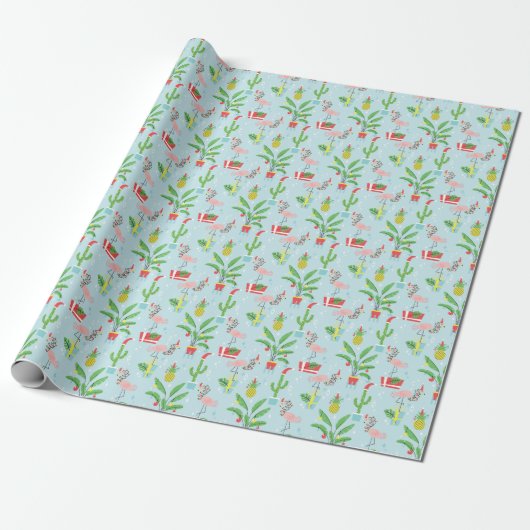 prettige feestdagen | Flamingo & Pineappelpatroon Cadeaupapier (Uitgerold)