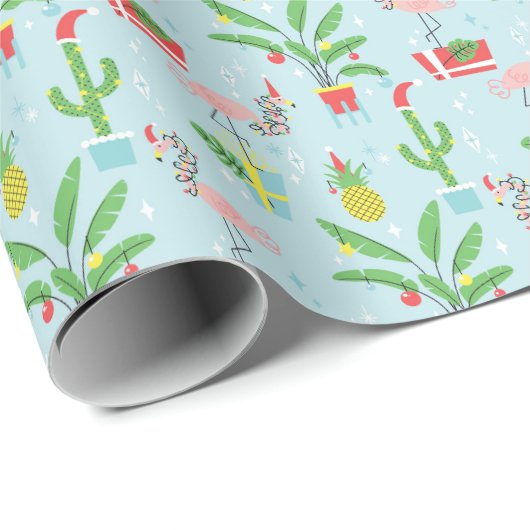 prettige feestdagen | Flamingo & Pineappelpatroon Cadeaupapier (Rol Hoek)