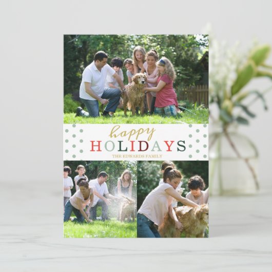 Prettige feestdagen Foto 3 Collage Mint Polka Dot Feestdagenkaart (Staand voorkant)