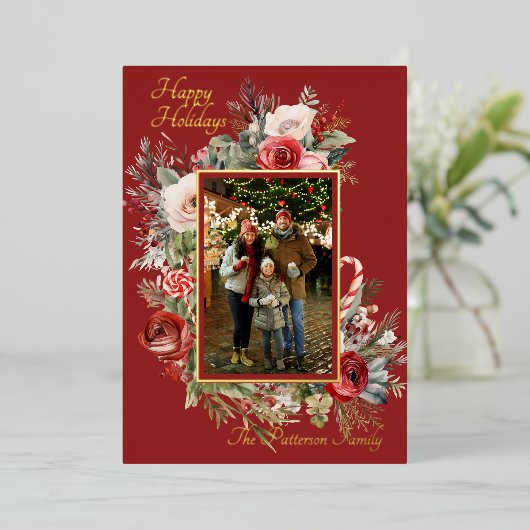 Prettige feestdagen Foto Floral Folie Holiday Kaar (Staand Voorkant)