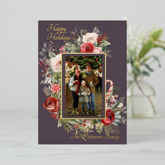 Prettige feestdagen Foto Floral Folie Holiday Kaar (Staand Voorkant)