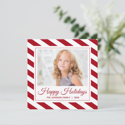 prettige feestdagen foto |Rode witte strepen Feestdagenkaart (Staand voorkant)