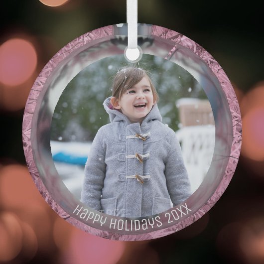 Prettige feestdagen Foto Roze Zilveren Bauble Over Glas Ornament