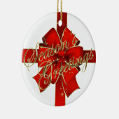 Prettige feestdagen foto van mousserende rode bob keramisch ornament (Rechts)