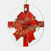 Prettige feestdagen foto van mousserende rode bob keramisch ornament (Links)