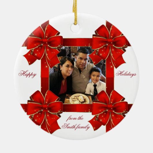 Prettige feestdagen foto van mousserende rode bob keramisch ornament (Achterkant)