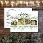 Prettige feestdagen Fotocollage Woodland Pine Boug Briefkaart<br><div class="desc">Vier het seizoen met dit leuke briefkaart Prettige feestdagen met 4 foto's omlijst door dennenboughs en dennenappels en de hand geletterde woorden "De achterkant bevat uw aangepaste notitie of als u wilt, verwijder de getypte notitie en handschrift elk briefkaart afzonderlijk. Voeg je retouradres toe zodat je gemakkelijk kunt mailen. Eenvoudig...</div>