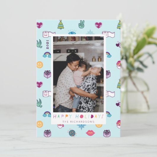 prettige feestdagen Fun kerst Emoji Pattern Foto Feestdagenkaart (Staand voorkant)