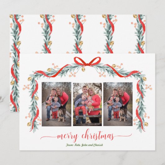 Prettige feestdagen Garland Bell 3 Foto Kerst Kaar Feestdagenkaart (Voorkant / Achterkant)
