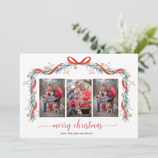 Prettige feestdagen Garland Bell 3 Foto Kerst Kaar Feestdagenkaart (Staand voorkant)