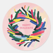 PRETTIGE FEESTDAGEN GEDURFDE KLEURRIJKE KERSTKRANS RONDE STICKER (Voorkant)