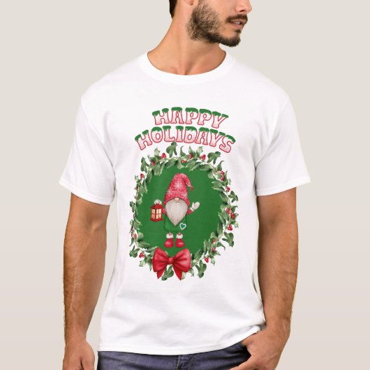 Prettige feestdagen Gnome in een kerstkrans T-shirt (Voorkant)