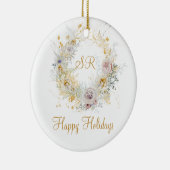 prettige feestdagen Gold Floral Monogram Logo Keramisch Ornament (Rechts)