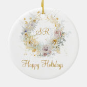 prettige feestdagen Gold Floral Monogram Logo Keramisch Ornament (Achterkant)