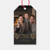 prettige feestdagen Gold Foil Kerstmis Holly Foto Cadeaulabel (Voorkant)