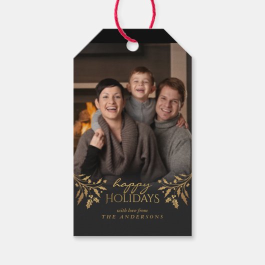 prettige feestdagen Gold Foil Kerstmis Holly Foto  Cadeaulabel (Voorkant)