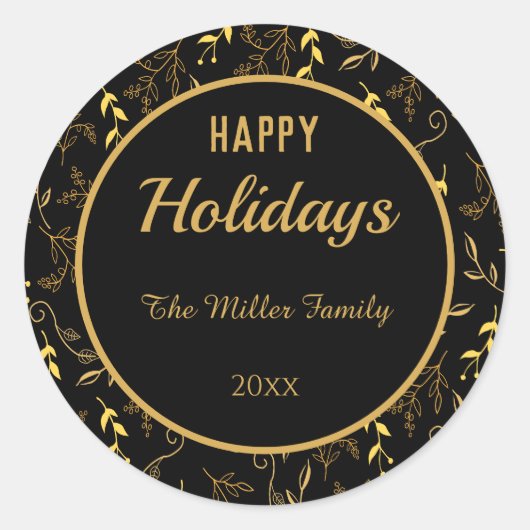 prettige feestdagen Gold Leaves op Black Ronde Sticker (Voorkant)