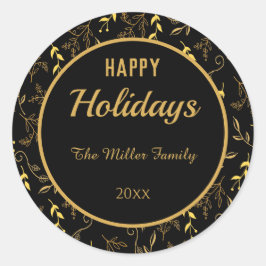 prettige feestdagen Gold Leaves op Black Ronde Sticker
