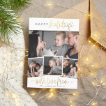 prettige feestdagen | Gold Lettering 4 Foto Collag<br><div class="desc">Houd geesten hoog dit vakantieseizoen met aangepaste fotokaarten! Dit kerstontwerp biedt vier van uw favoriete familiefoto's in een eenvoudige collage-lay-out. Bovenaan op de kaart staat "prettige feestdagen" in een sans serif en faux goudkalligrafie. Hieronder, leest het "met liefde van"in hand-geschreven manuscript dat met uw naam van de douanefamilie wordt geschreven....</div>