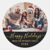 Prettige feestdagen Gold Script Black Family Foto Ronde Sticker (Voorkant)