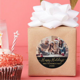 Prettige feestdagen Gold Script Black Family Foto Ronde Sticker