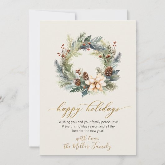 Prettige feestdagen Gold Script Krans Greenery Kaa Feestdagenkaart (Voorkant)