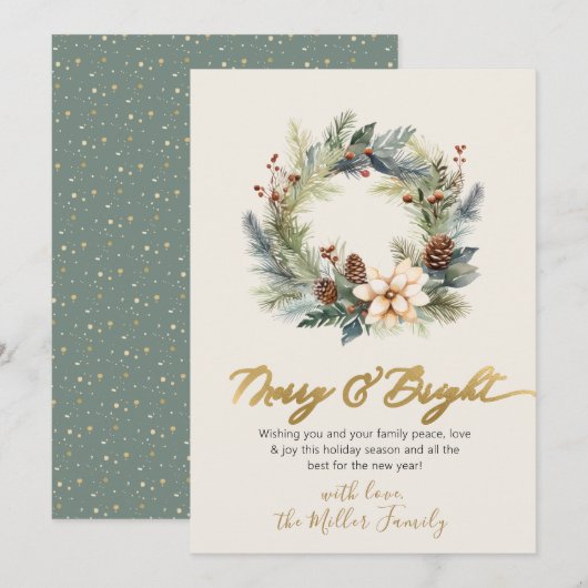 Prettige feestdagen Gold Script Krans Greenery Kaa Feestdagenkaart (Voorkant / Achterkant)