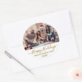 Prettige feestdagen Gold Script White Family Foto Ronde Sticker (Envelop)