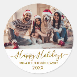 Prettige feestdagen Gold Script White Family Foto Ronde Sticker