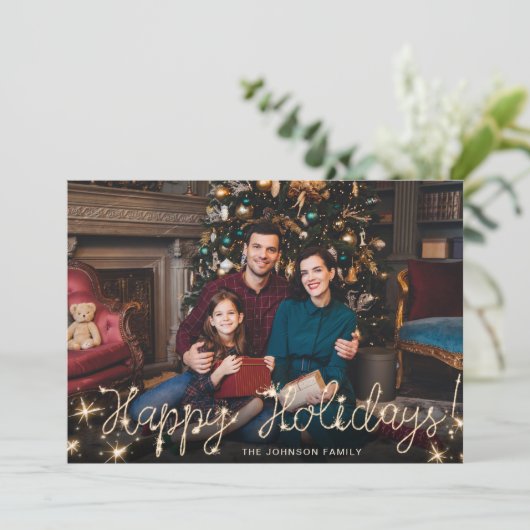 prettige feestdagen Gold Sparkle Manuscript FOTO G Feestdagenkaart (Staand voorkant)