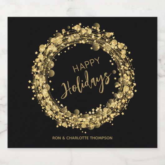 Prettige feestdagen Gold Star Wreath Sparkling Wijnetiket (Enkel label)