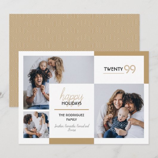 Prettige feestdagen Gold Three-Photo Feestdagenkaart (Voorkant / Achterkant)