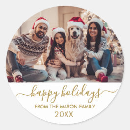 Prettige feestdagen Gold White Script Family Foto Ronde Sticker
