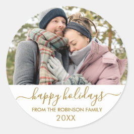 Prettige feestdagen Gold White Script Paar Foto Ronde Sticker