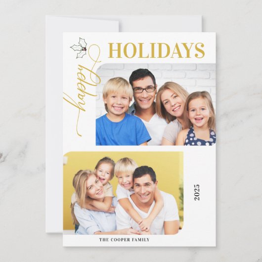 prettige feestdagen Goud en wit 2 Foto's Holiday C Feestdagenkaart (Voorkant)